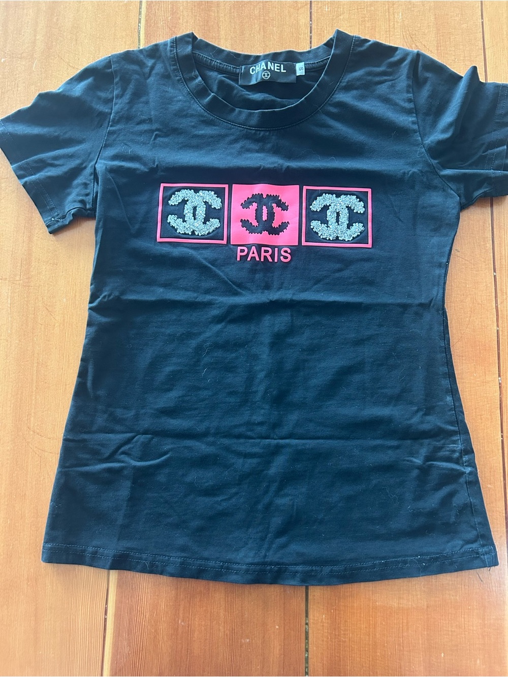 CHANEL Black Short Sleeve Tee with Pink & Silver Logo Panels